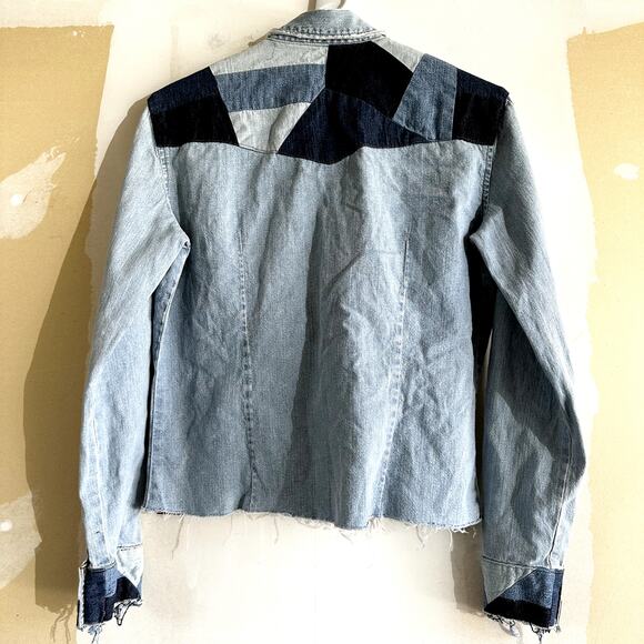 Levis Patchwork Denim Button Down Retro Western Chest Pocket Cotton Blue Large - Picture 6 of 6